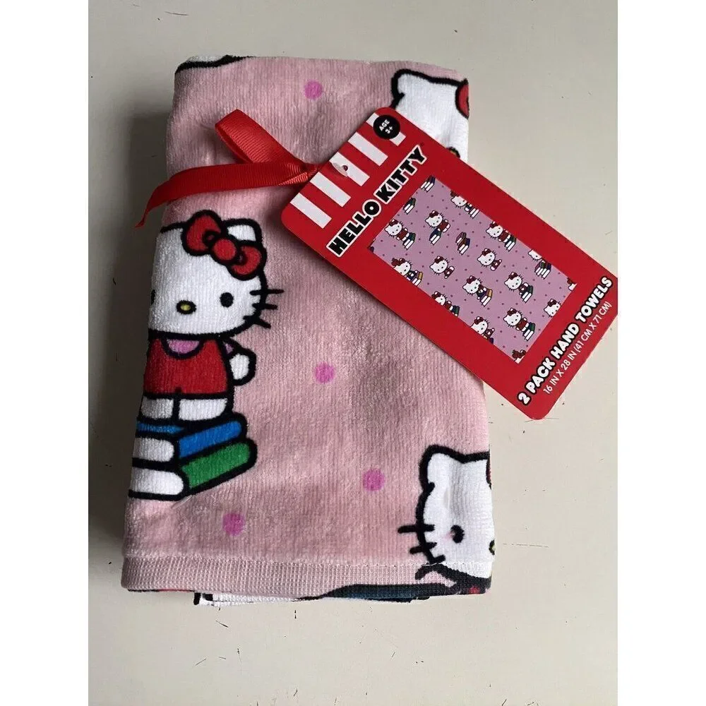 Set Of 2 Sanrio Hello Kitty Pink Hand Towels Back to School Books Class Pink NEW